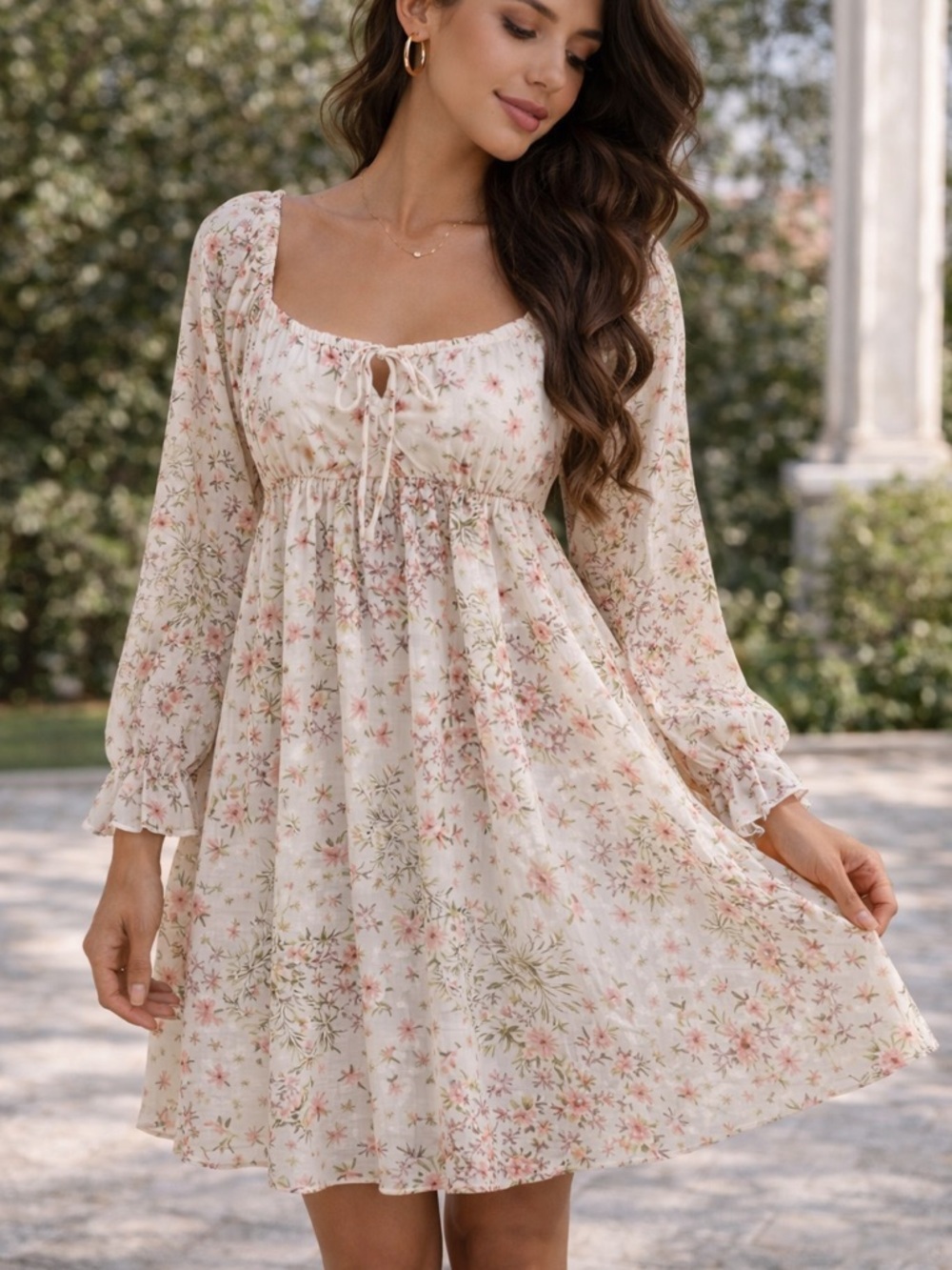 Floral Cream Long Sleeve Babydoll Dress Size L Boho Romantic